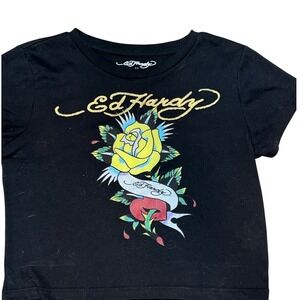 Ed Hardy Cropped Rose Graphic T-Shirt Black Yellow Tattoo Style Women's Medium